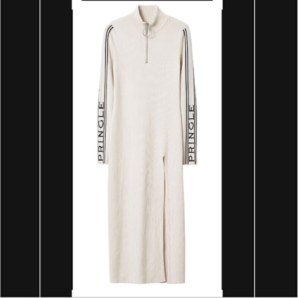 Pringle of Scotland x H&M sweater dress ribbed cream spellout slit y2k
sz sm